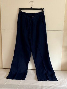 Charter Club Luxury 100% Linen Wide Leg Drawstring Navy Blue Pants Size Large